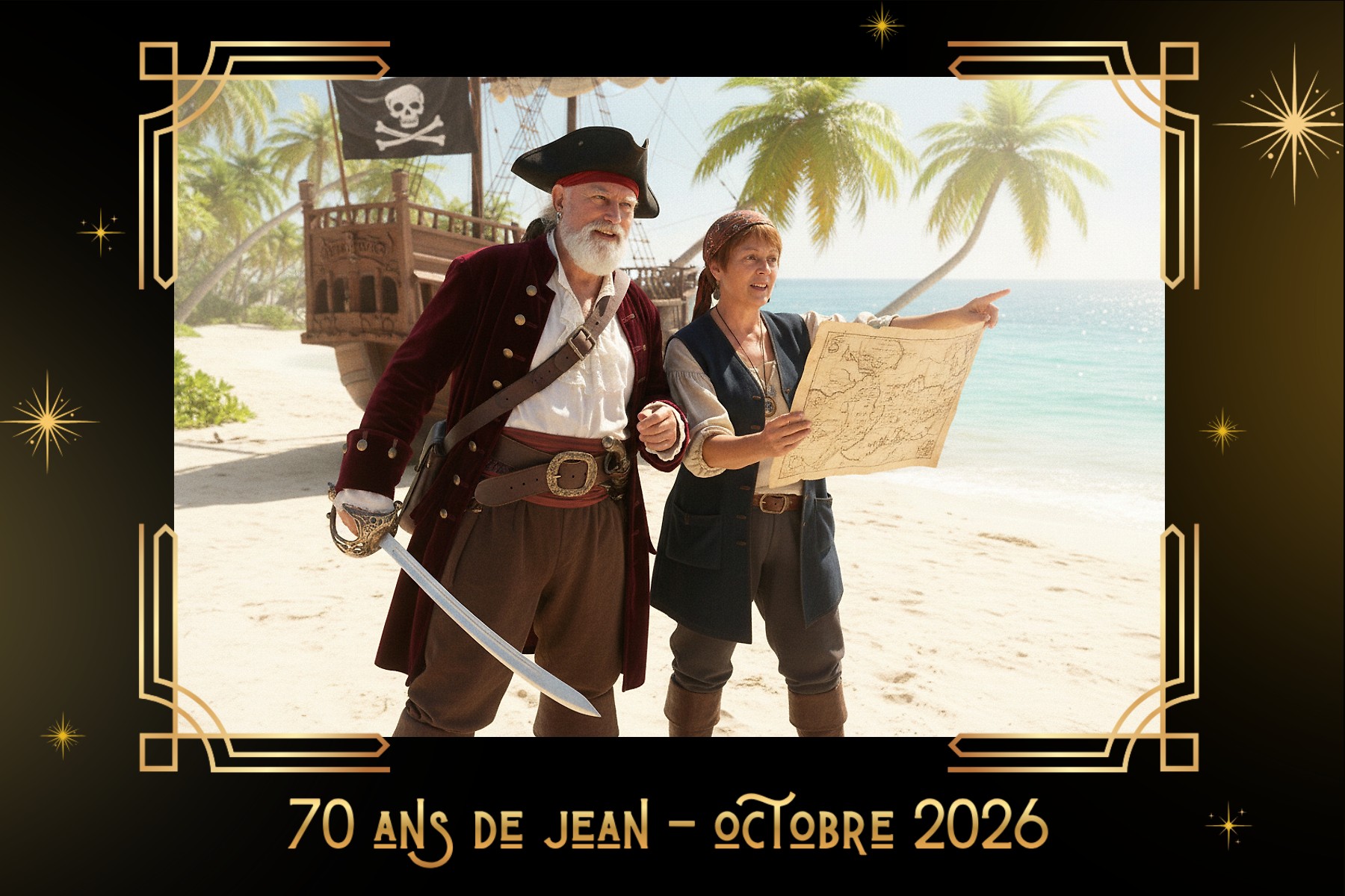 Tirage 10×15 encadré noir et or « 70 ans de Jean – octobre 2026 » avec un capitaine pirate et sa comparse sur une plage
