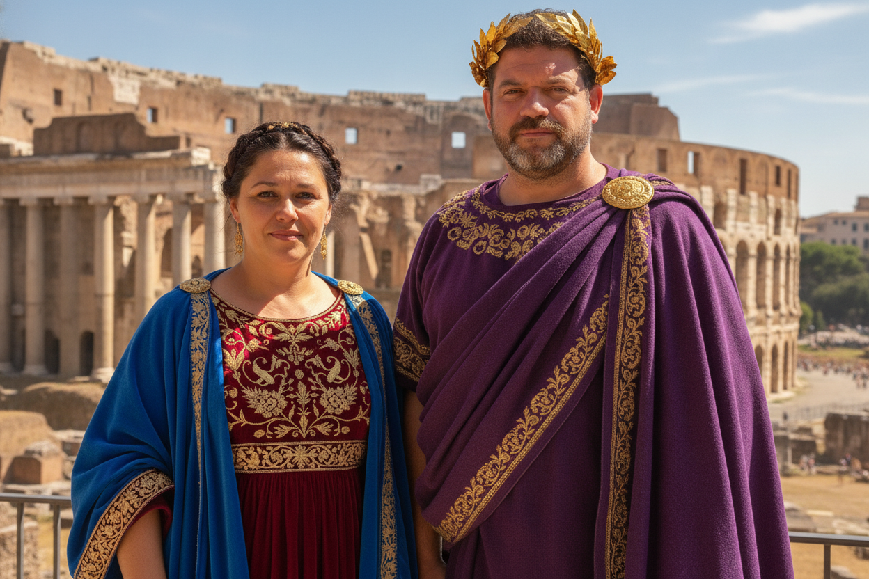 Image générée par IA : un couple en habits de la Rome antique devant le Colisée pour les 70 ans de Jean