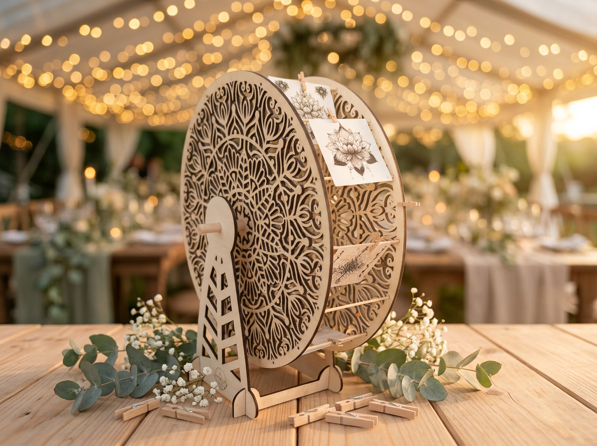Roue à tatouages en bois décorative dans une ambiance de mariage chaleureuse