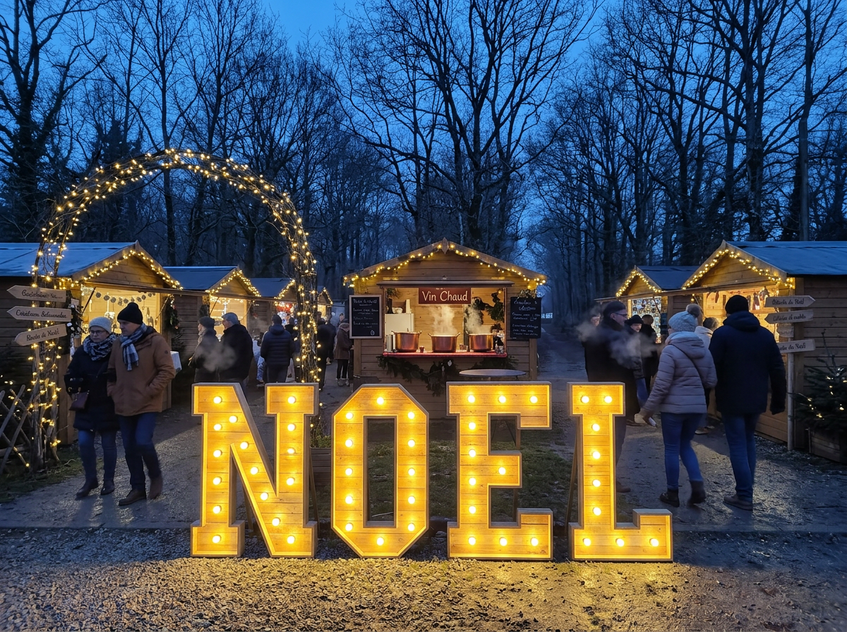 Grandes lettres lumineuses NOEL en bois de palette sur un marché de Noël d'artisans et créateurs