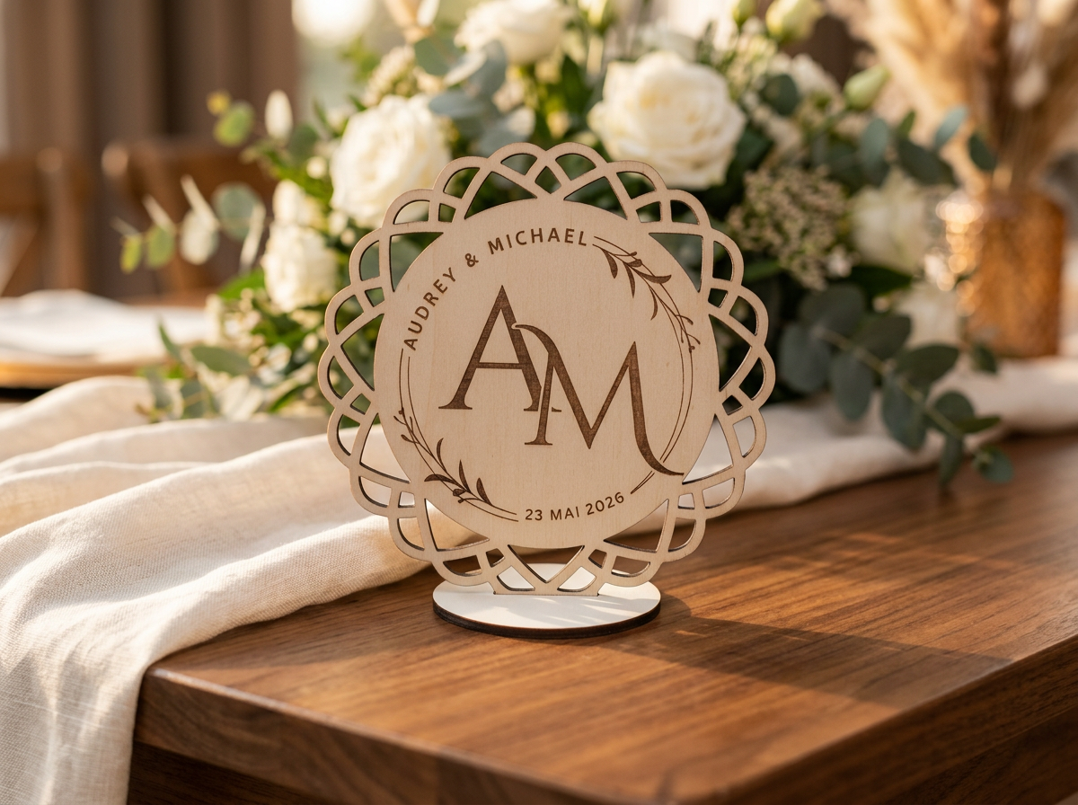 Cake topper en bois découpé au laser gravé Audrey & Michael avec monogramme AM et date 23 mai 2026