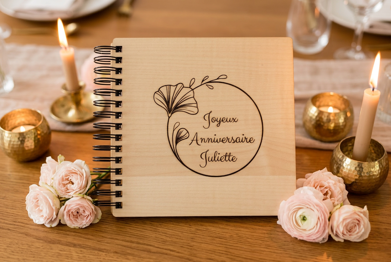 Livre d'or en bois personnalisé avec l'inscription Joyeux Anniversaire Juliette dans une mise en scène élégante