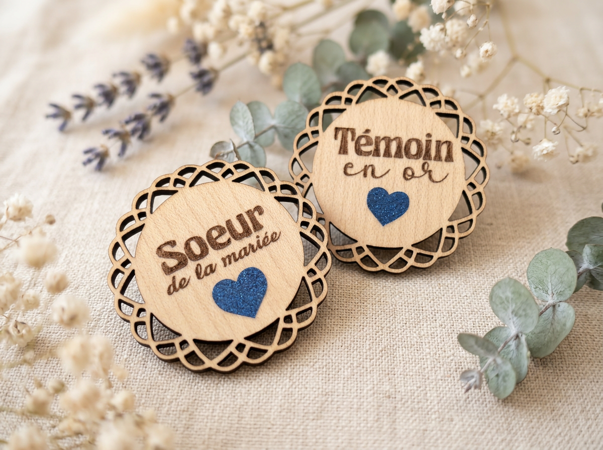Badges en bois découpés au laser gravés Soeur de la mariée et Témoin en or avec cœurs bleu glitter sur fond de lavande et eucalyptus
