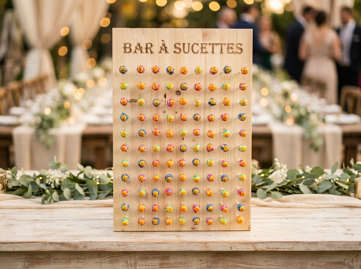 Grande planche bar à sucettes en bois clair avec toutes les sucettes visibles dans une ambiance événementielle