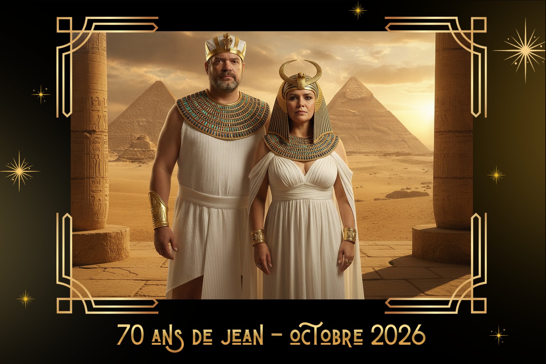 Tirage « 70 ans de Jean – octobre 2026 » : un couple en pharaon et reine d'Égypte devant les pyramides, image générée par IA