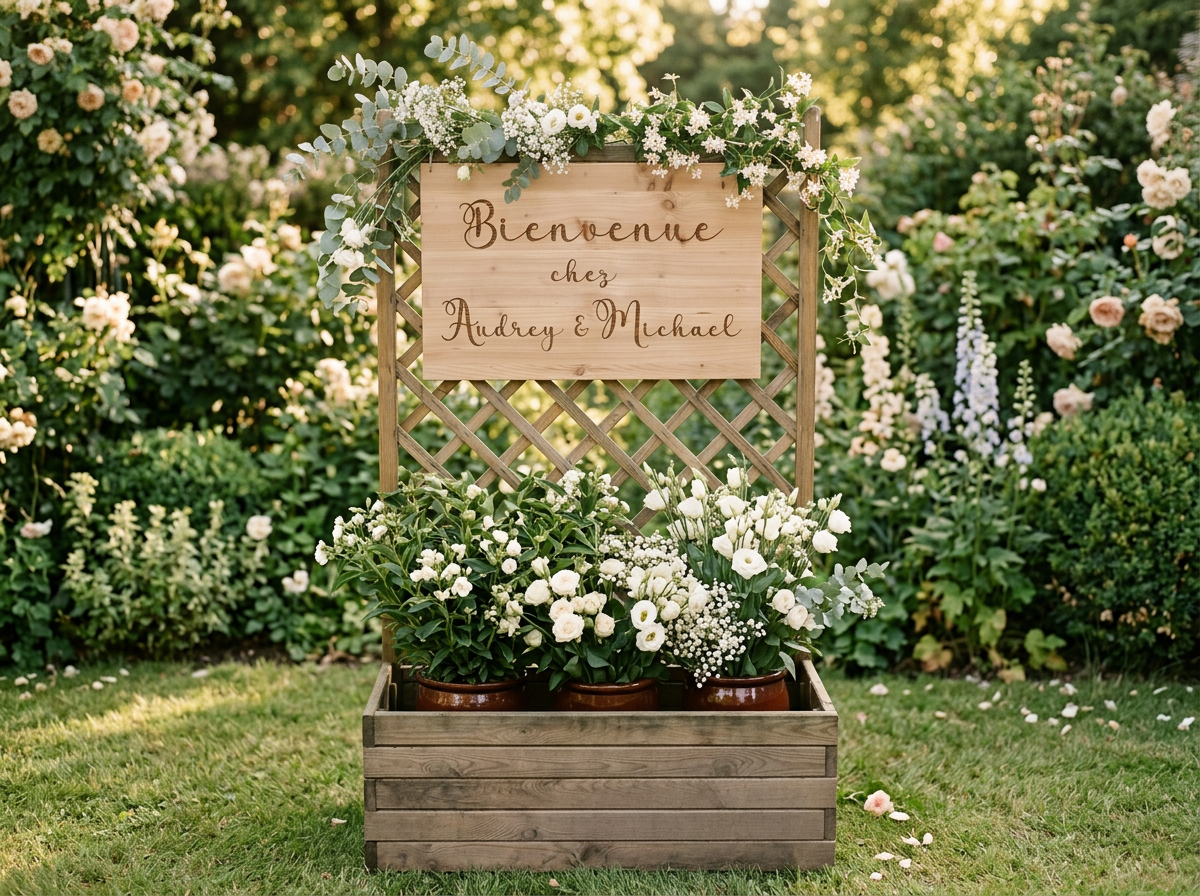 Pancarte d'accueil en bois gravée Bienvenue chez Audrey & Michael sur un treillis fleuri