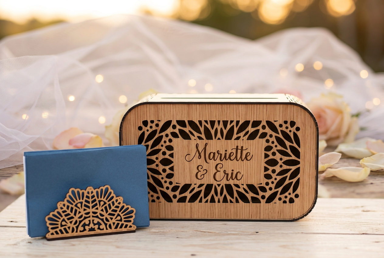 Urne en bois précieux personnalisée Mariette & Eric avec porte-enveloppes assorti dans une mise en scène florale