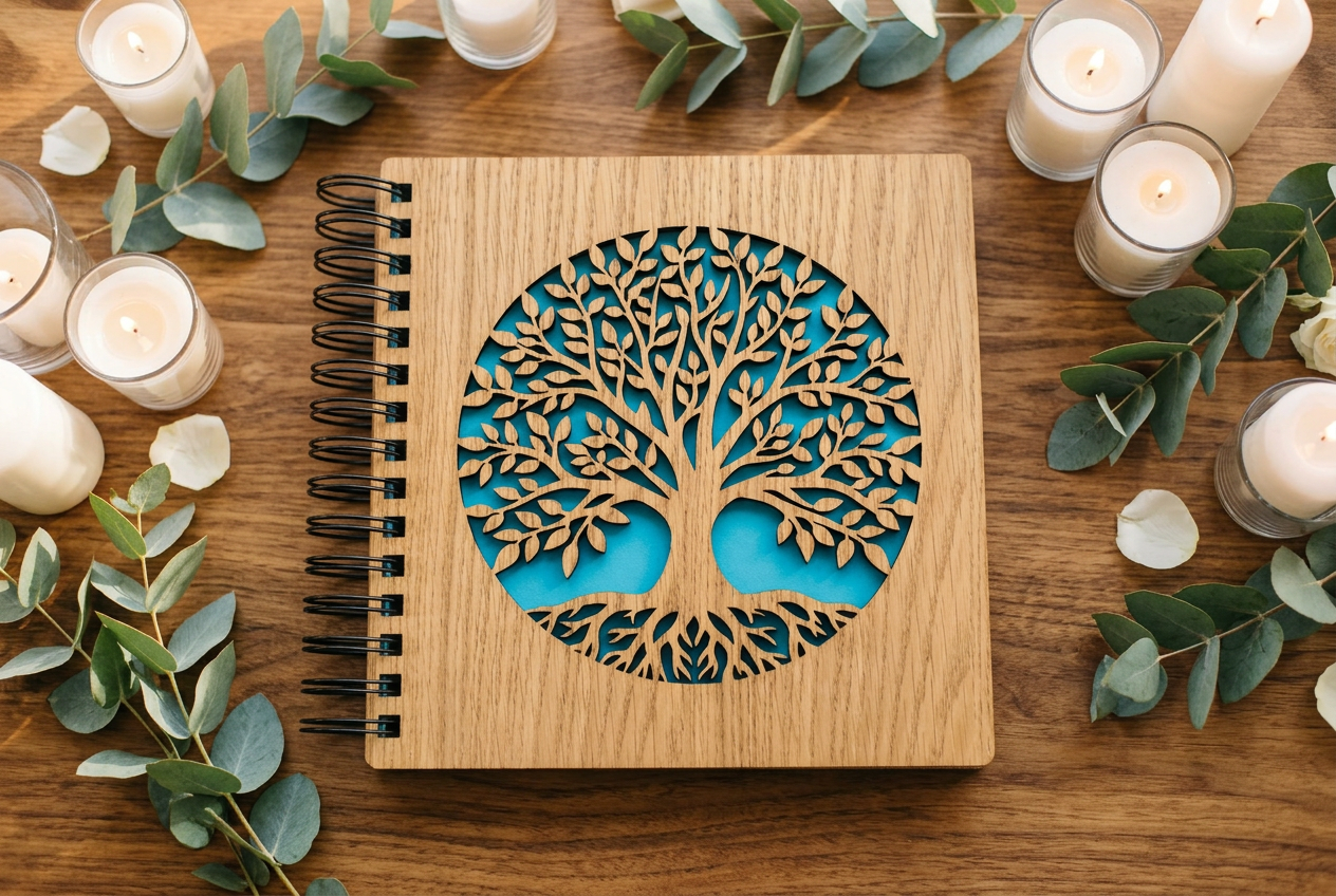 Livre d'or en bois avec motif arbre de vie découpé au laser et fond bleu dans un décor soigné
