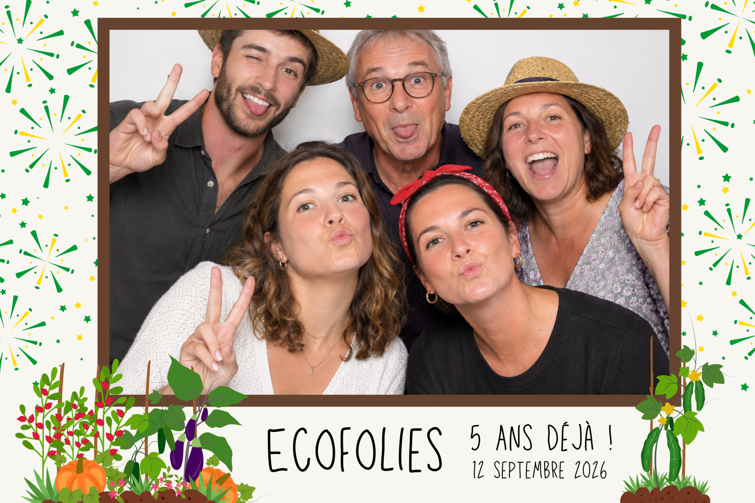 Tirage photobooth du 5e anniversaire de la Ferme Ecofolies, template blanc avec potager et feux d'artifice végétaux
