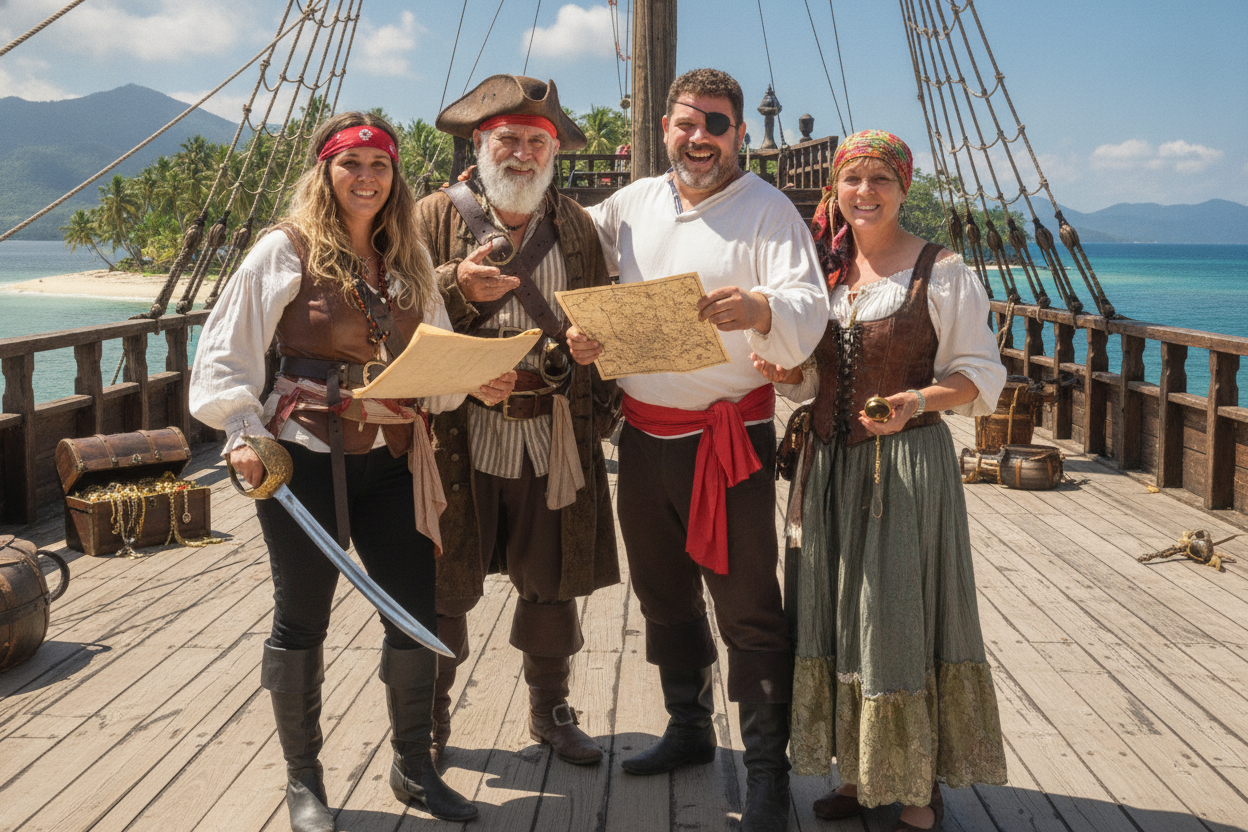 Quatre invités de Jean en équipage de pirates, image générée par IA sur le pont d'un galion