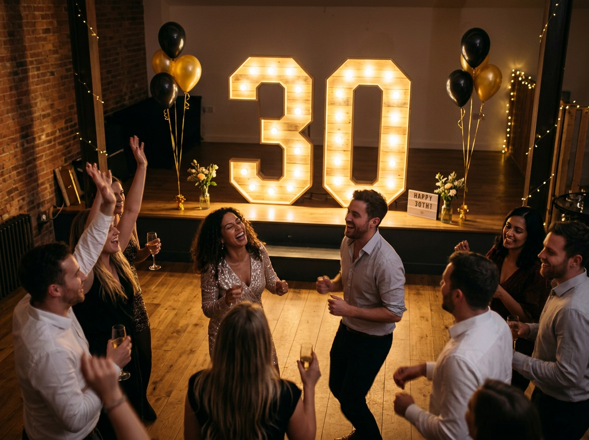 Grands chiffres lumineux 30 en bois de palette lors d'une fête d'anniversaire en intérieur