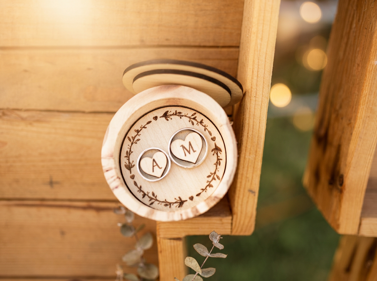 Boîte à alliances en bois gravée d'une couronne végétale et des initiales A et M