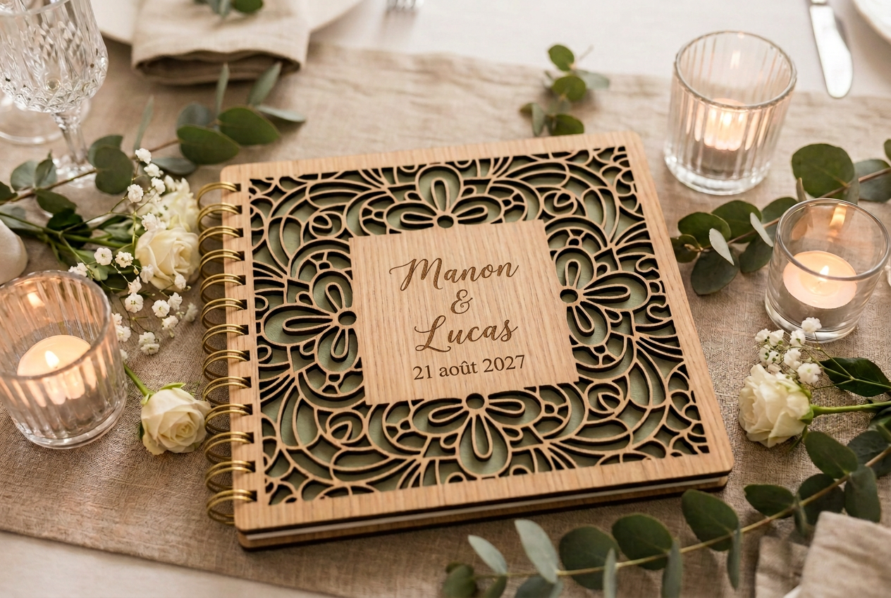Livre d'or en bois avec reliure à spirales à gauche, cadre floral art déco découpé au laser et gravure Manon et Lucas, 21 août 2027, au centre